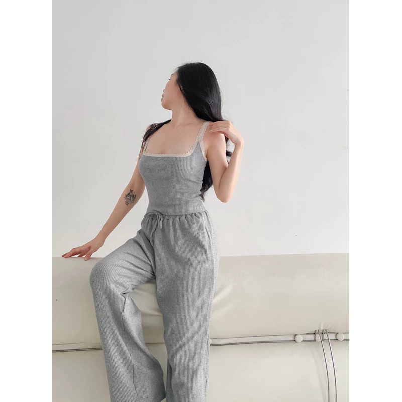 CiCi Set | Set bộ mặc nhà hai dây quần dài phối ren 🖤