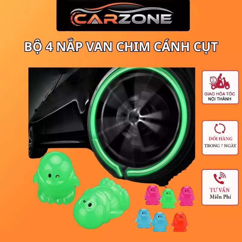 Bộ 4 Nắp Van Chim Cánh Cụt Dạ Quang – Phát Sáng Ban Đêm, Dùng Cho Ô Tô, Xe Máy