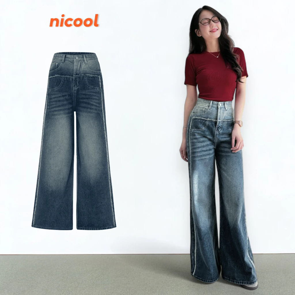 Quần Jean Nữ Ống Suông Rộng NICOOL Lưng Cao Tôn Dáng Quần Bò Nữ Denim Nhấn Tua Rua Wash N41-Q62