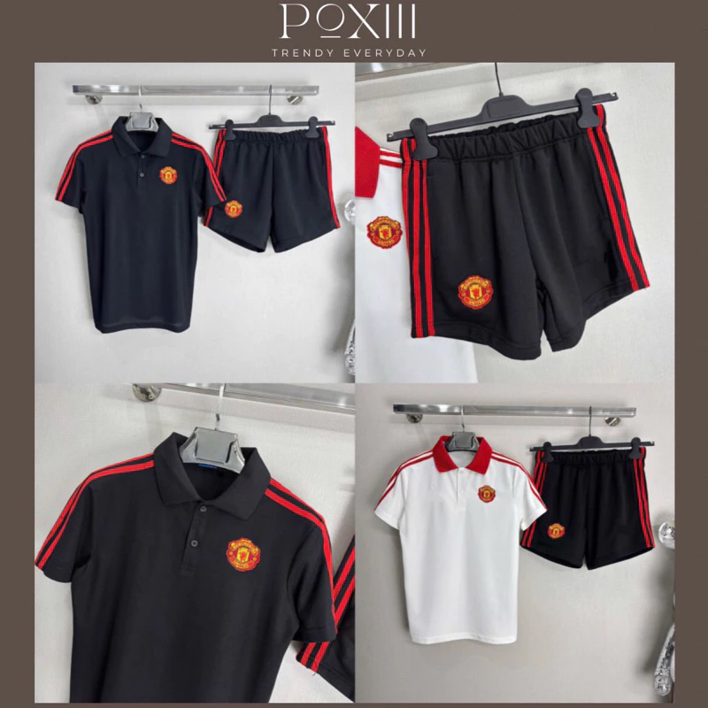 Set Cộc Tay MU Polo Phối Sọc Thêu Đỏ Form Chuẩn SC - Bộ Quần Áo Cộc Nam Nữ Vải Thoáng Mát