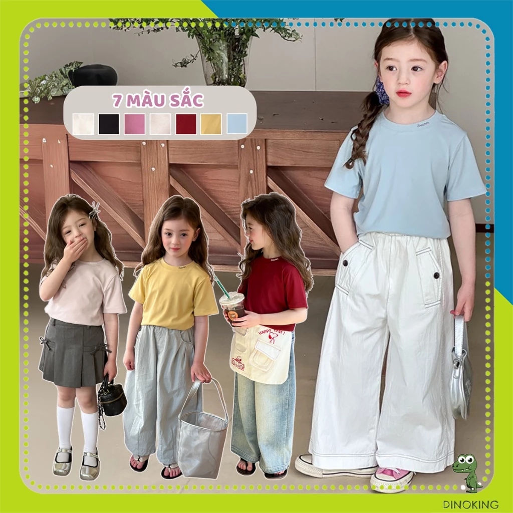 Áo thun trơn bé gái DINOKING Áo phông ngắn tay cho bé gái basic cổ tròn chất cotton dày dặn mềm mịn mùa hè 3-9 tuổi AT58