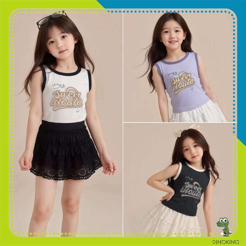 Áo thun sát nách bé gái DINOKING Áo ba lỗ cho bé gái mùa hè chất cotton mềm mát kiểu Hàn Quốc trẻ em 2 - 10 tuổi AT77