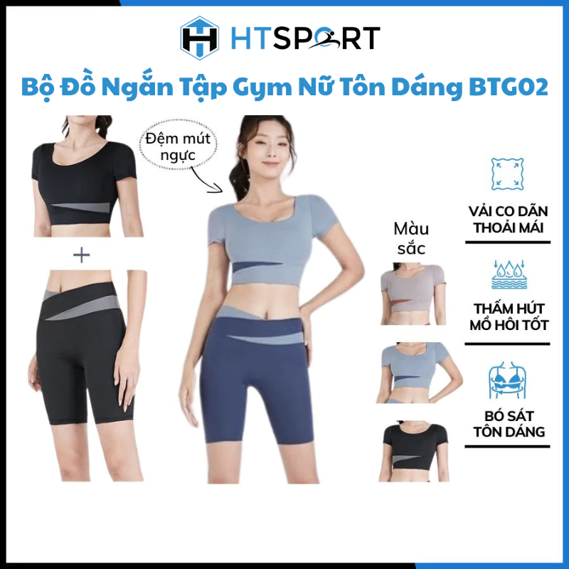 Set Đồ Tập Gym Nữ Ngắn, Bộ Quần Áo Thun BTG02 Tập Thể Thao, Yoga, Aerobic Ôm Body Tôn Dáng Lưng Cao Có Mút Ngực