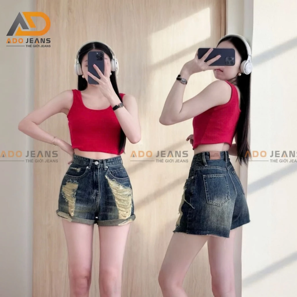 Quần ngố jean nữ lưng cao chất vải jean cao cấp wash rách lai tua rua S31