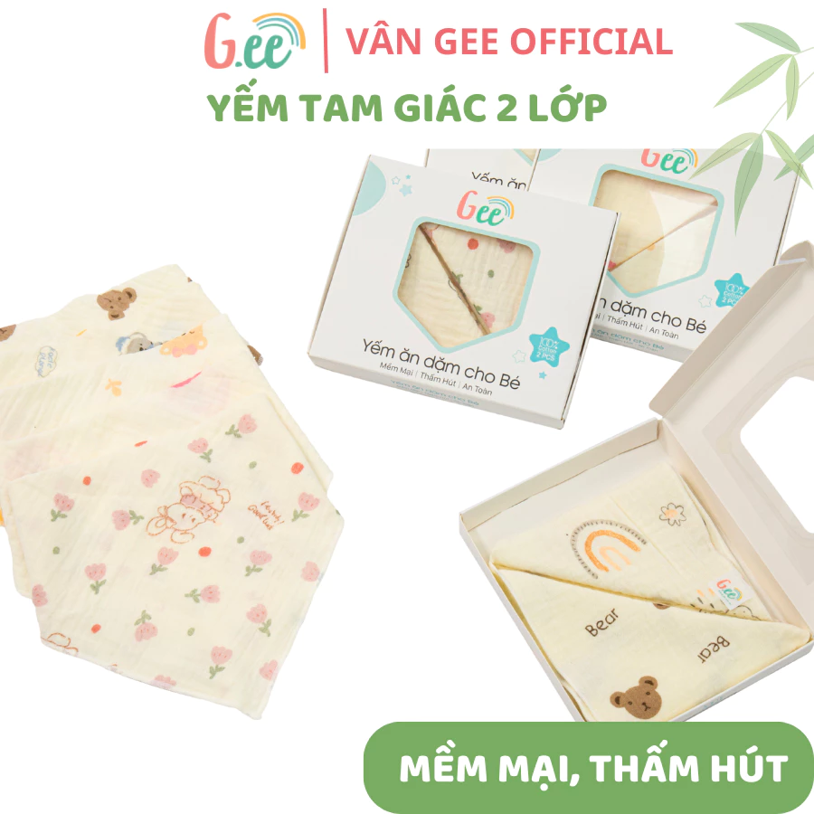 Set 2 YẾM tam giác Gee 4 LỚP vải muslin cotton 100% cao cấp, yếm ăn dặm muslin cho bé mềm mại thấm hút.
