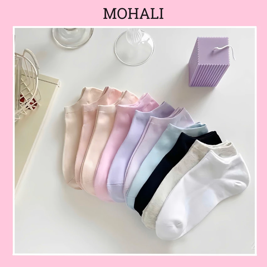 Set 5 đôi tất cổ ngắn nữ trơn màu nhẹ nhàng chất liệu cotton thoáng mát dày dặn MOHALI VN004