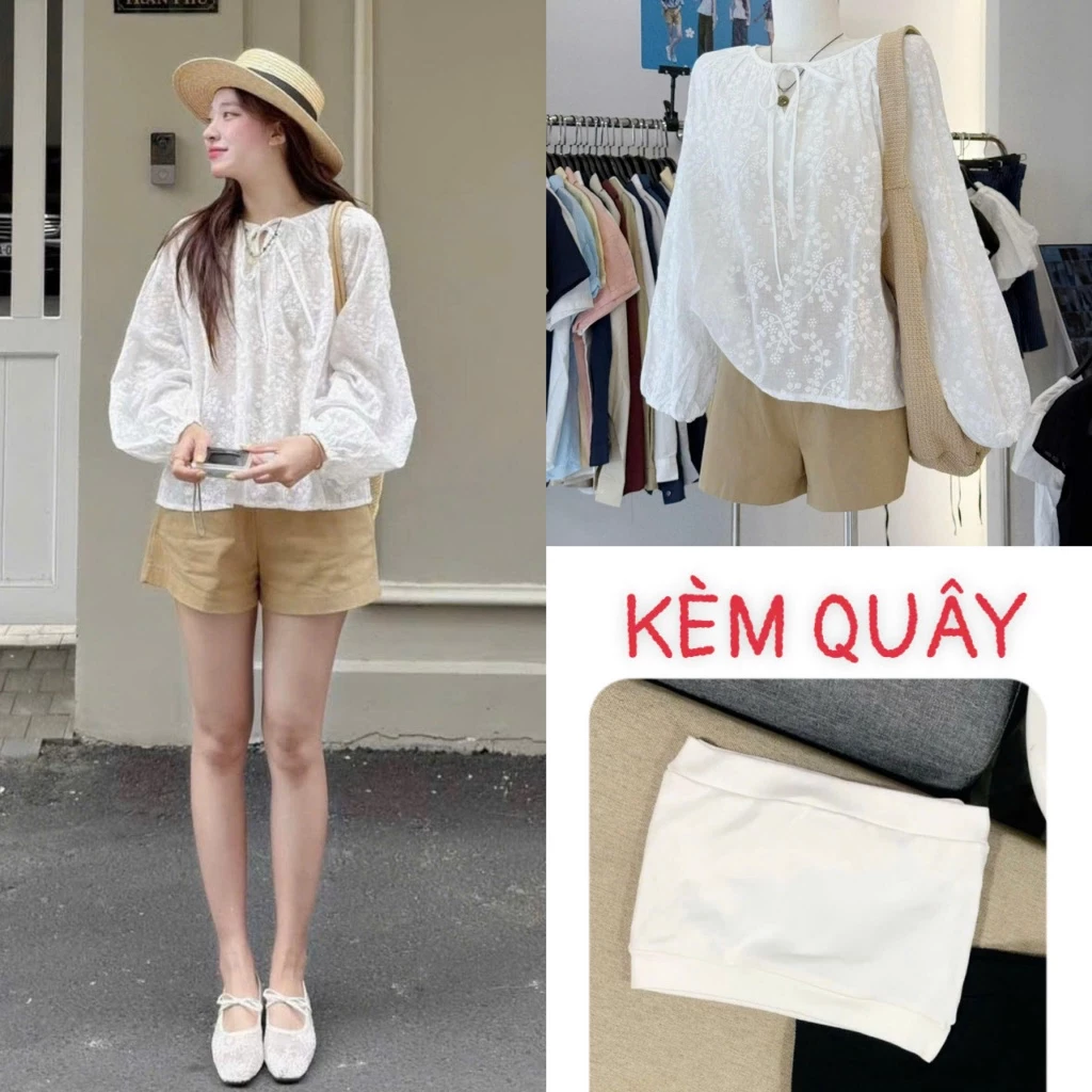 (KÈM QUÂY) Áo babydoll thô thêu hoa nổi tay bồng cổ V nơ SUMIISHOP mã SET05