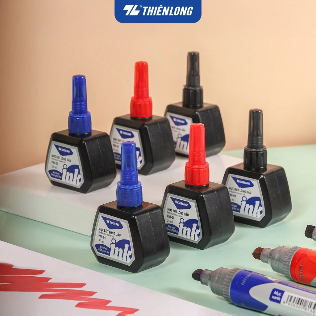 6 Hộp mực bút lông dầu Thiên Long PMI-01 với 3 màu mực xanh/ đỏ/ đen, Mực tươi sáng, bám dính tốt, không độc hại