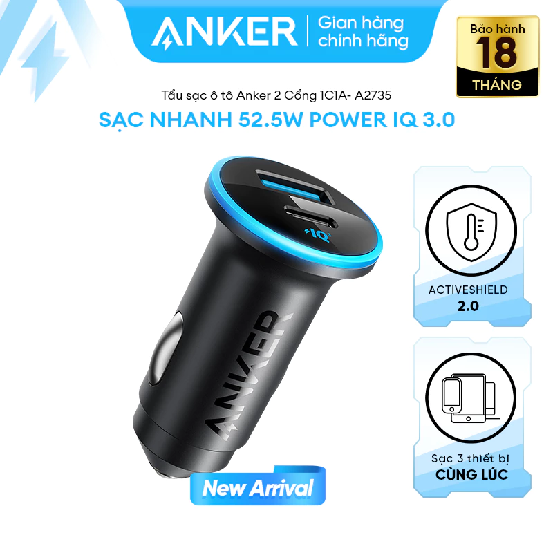 Tẩu sạc xe hơi Anker 52.5W (1 cổng USB-C, 1 cổng USB-A) sạc 2 thiết bị hỗ trợ PowerIQ 3.0, Active Shield - A2735