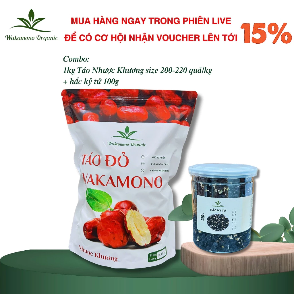 Combo Táo đỏ Nhược Khương Wakamono Organic (200-220 quả/kg) và Hắc Kỷ Tử 100g