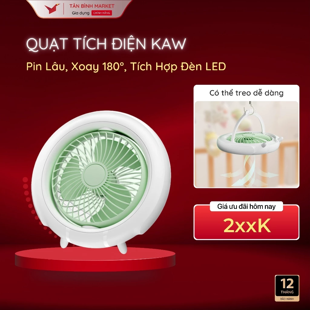 Quạt Tích Điện KAW 3 Trong 1 - Xoay 180, Pin Khỏe, 3 Chế Độ Gió, Đèn LED phù hợp văn phòng, du lịch