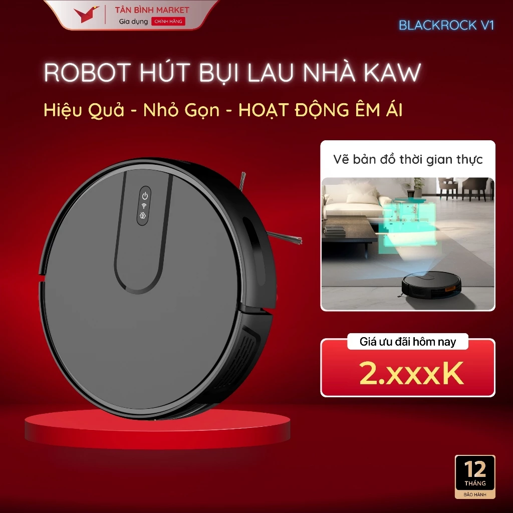 Robot Hút Bụi Lau Nhà KAW Blackrock V1 -  Lực hút 6800PA, Lau và Hút 2 Trong 1, Bảo Hành 36 Tháng