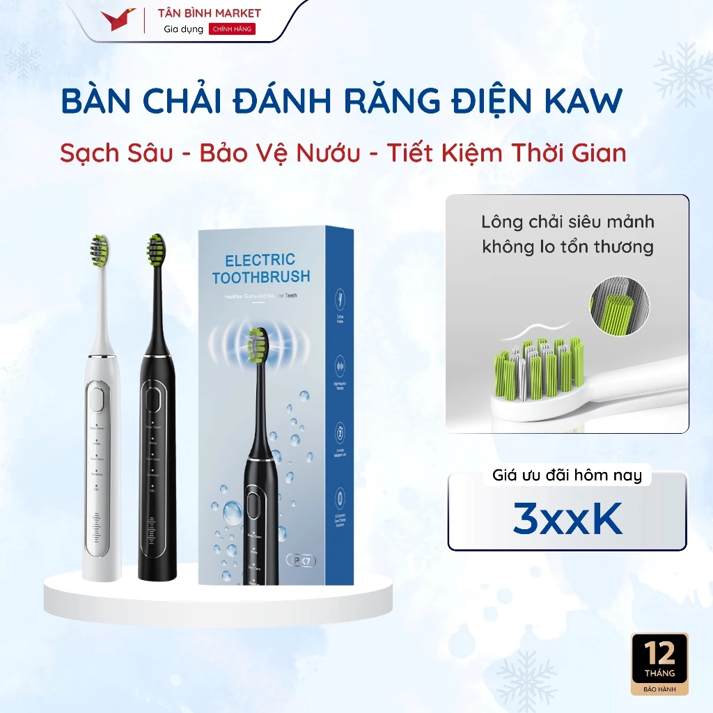Bàn Chải Đánh Răng Điện KAW - Sóng Âm Công Nghệ Cao, 4 Chế Độ Thông Minh chải sạch mảng bám, Chống Nước IPX7