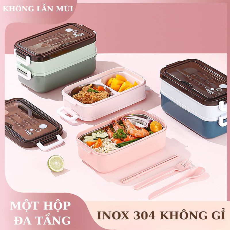 Hôp Cơm 2 Tầng Có Kèm Bộ Dụng Cụ Ăn Uống ,Hộp Cơm Văn Phòng Chất Liệu Nhựa PP Cao Cấp Bỏ Lò Vi Sóng Được