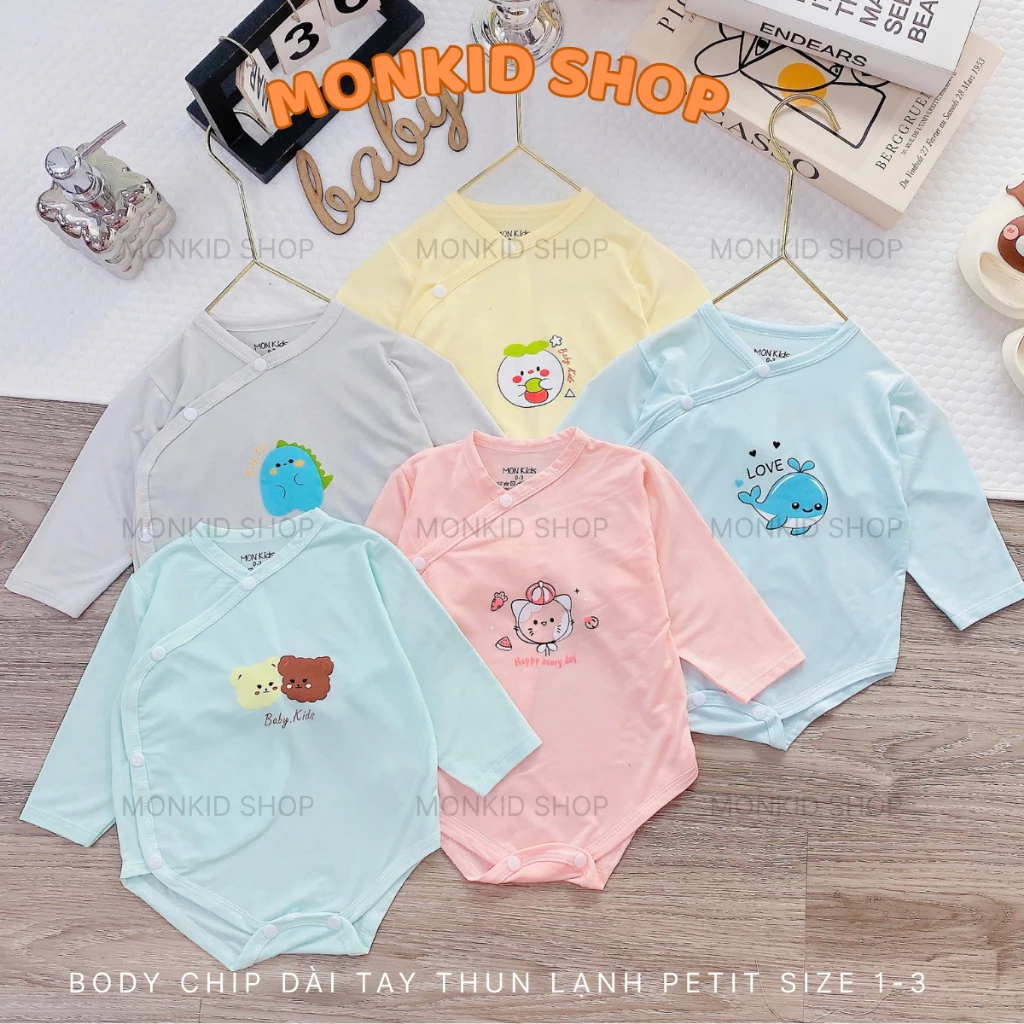 [Body chip dài] Combo 3/5 Body Chip Dài Tay Chất Thun Lạnh Petit, Bảng Màu Cho Bé 3-9kg