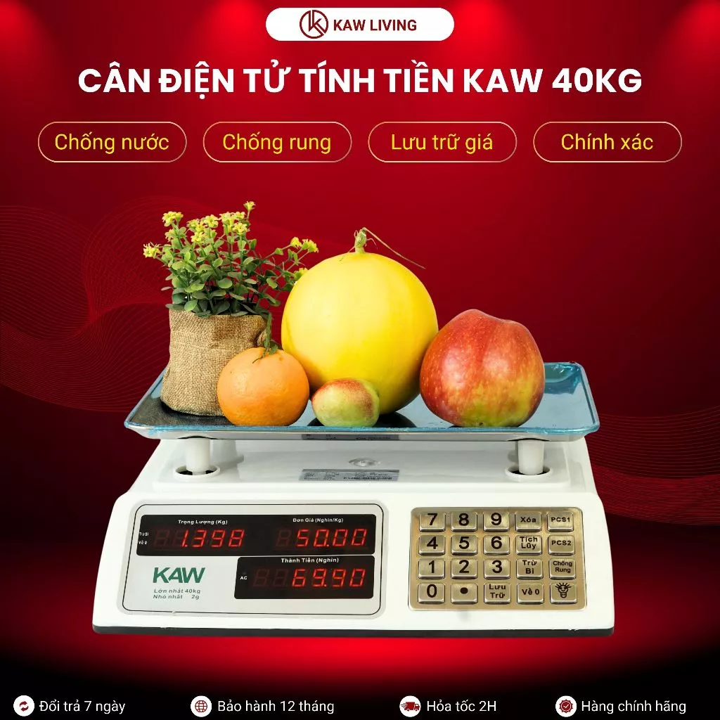 Cân điện tử tính tiền chống nước KAW, 10g đến 40Kg Tính chính xác Lưu nhiều giá trị Dễ dàng sử dụng