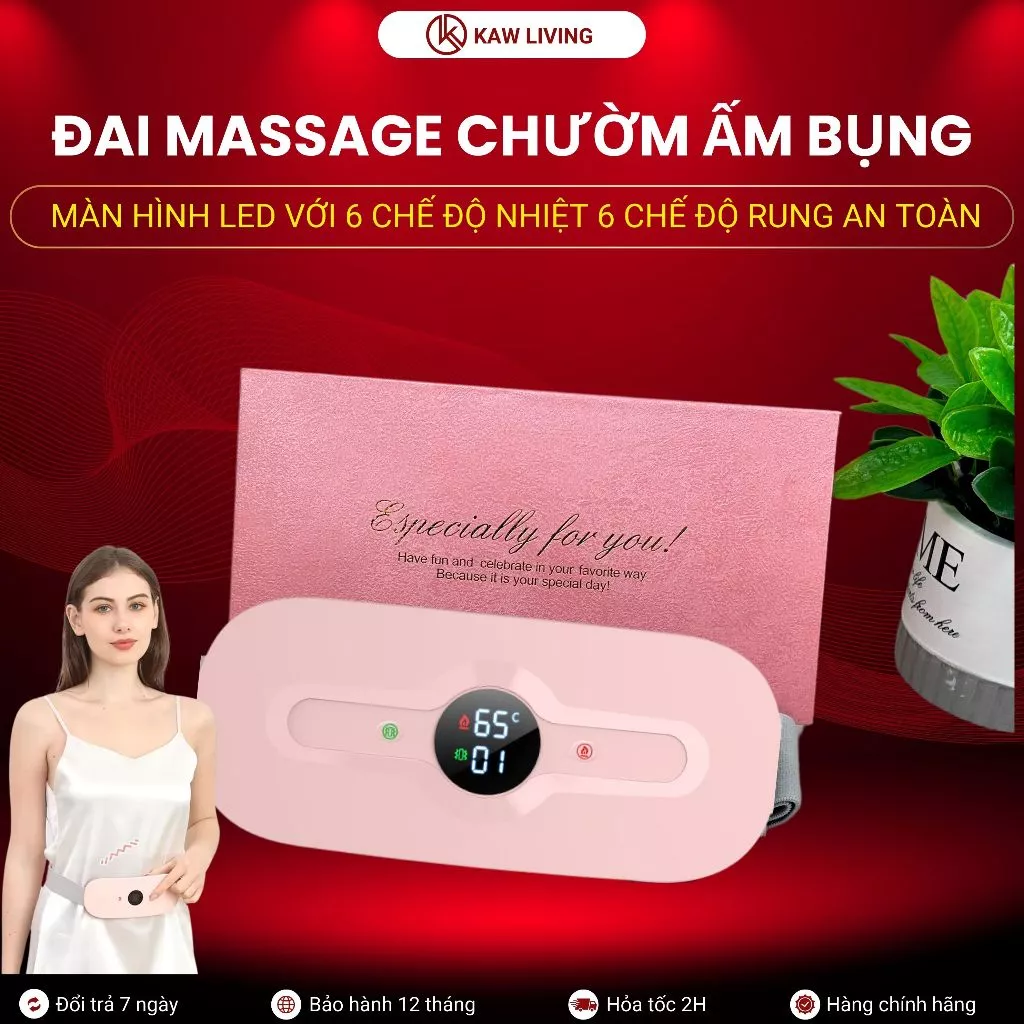 Máy massage chườm ấm giảm đau bụng kinh KAW, 6 chế độ Giảm đau thắt lưng hiệu quả, Quà tặng sức khỏe
