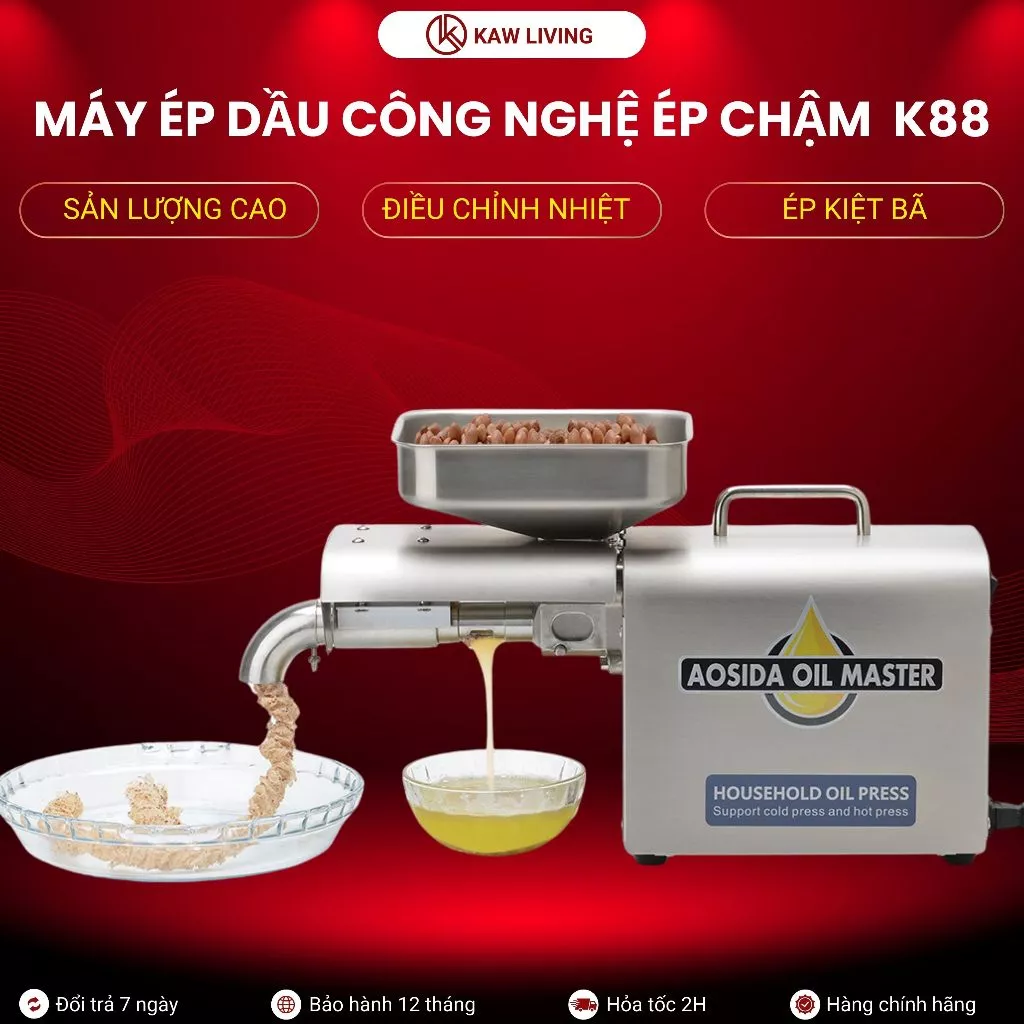 Máy ép dầu KAW K88, Công nghệ ép chậm Ép kiệt bã Sản lượng dầu cao, Nhiều chế độ nhiệt để điều chỉnh