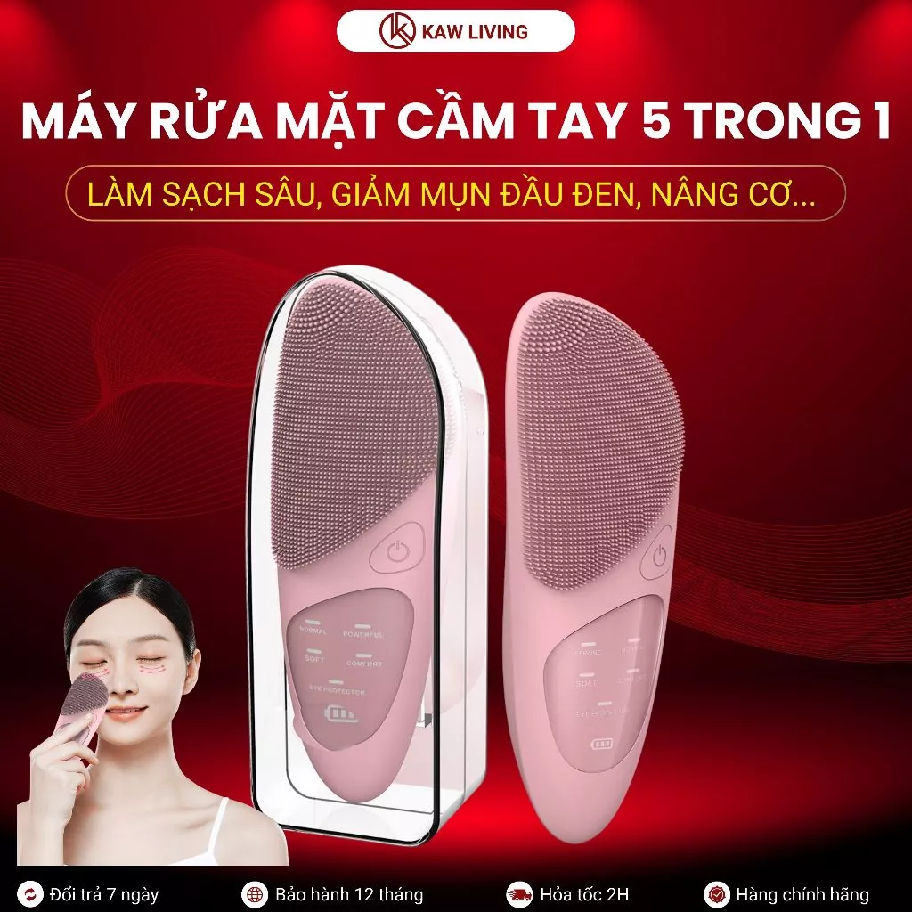 Máy rửa mặt cầm tay KAW Làm sạch sâu, Lông silicon mềm mịn, Giảm mụn đầu đen, Hỗ trợ massage mắt