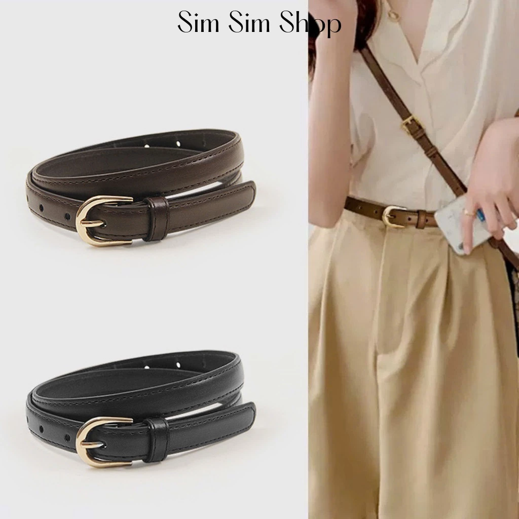 Thắt lưng bản nhỏ nữ 1.8cm kiểu đơn giản dễ phối đồ TL043 - dây lưng học sinh cơ bản mặt vàng khoá cong