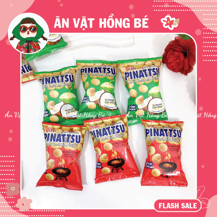 [5 Gói] Snack nhân Đậu Phộng Pinattsu Oishi 3 Vị Cốt Dừa, Mực Cay,Tảo biển (gói 13g)