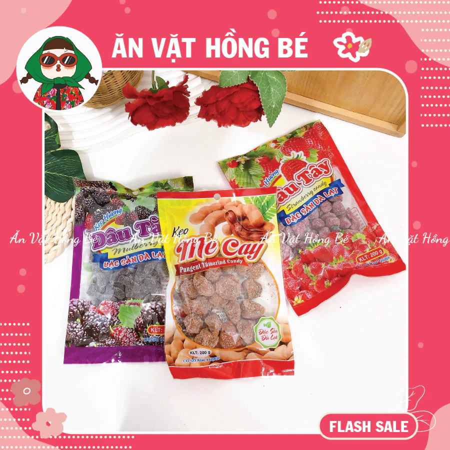 Kẹo Ô Mai Dâu Tây,Dâu Tằm, Me Cay Đặc Sản Đà Lạt, Ô Mai - Mứt Tết (gói 200g), Đồ ăn vặt cổng trường