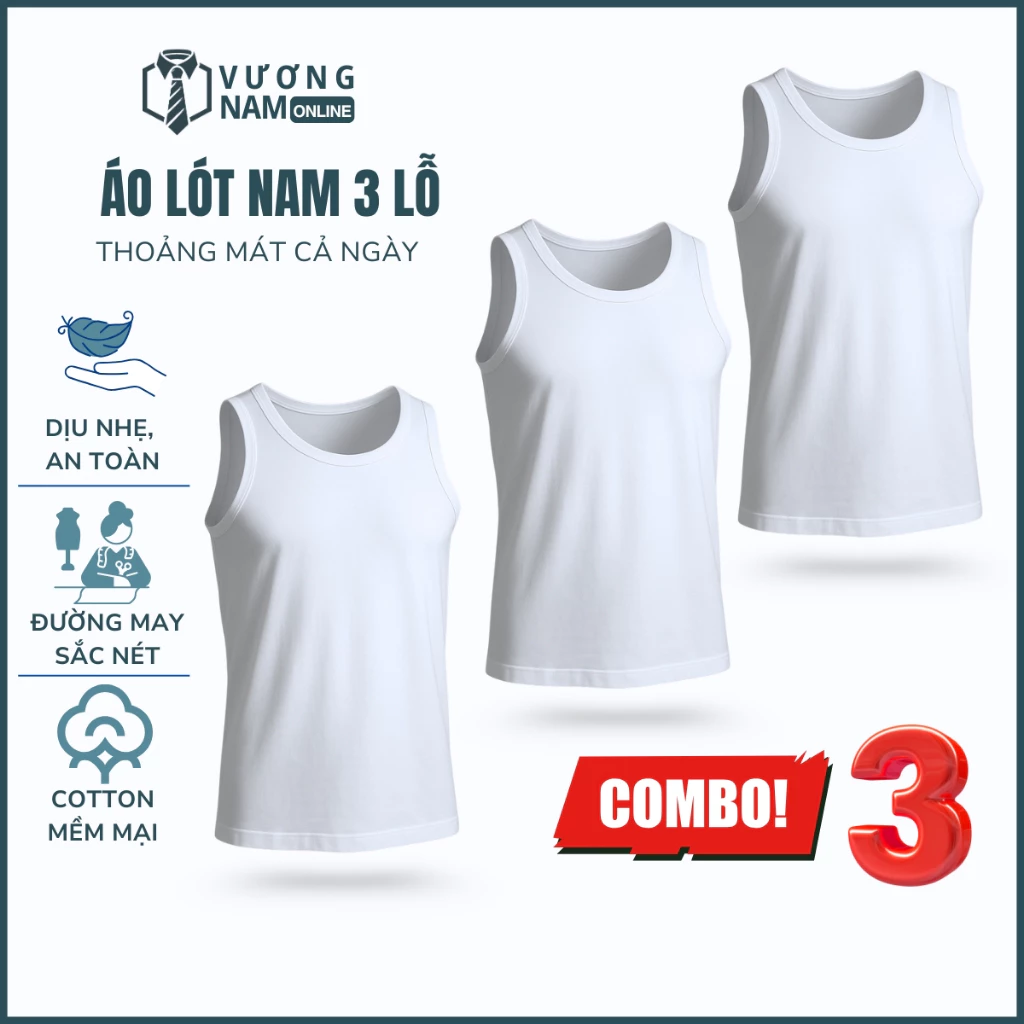 Áo lót nam cotton 3 cái hanoimex ba lỗ sát nách trắng thấm hút mồ hôi tốt VNO04