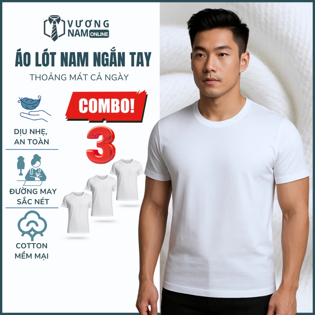 Áo lót nam cotton 3 cái hanoimex trắng thấm hút mồ hôi tốt kiểu trơn VNO05