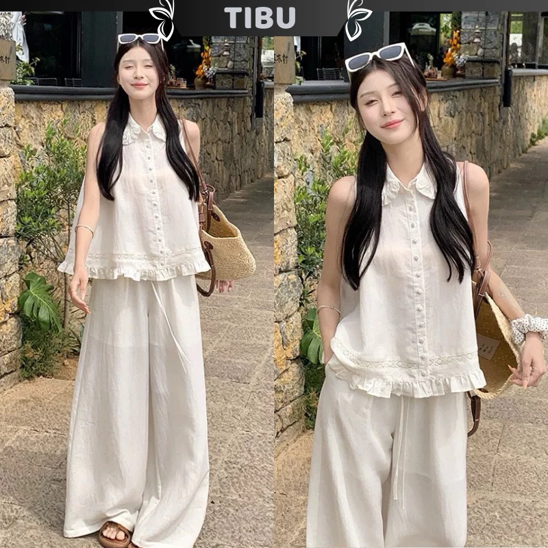 Set Áo Babydoll Tay Cộc Phối Quần Dài Ống Rộng TIBU Set Đồ Nữ Đơn Giản Đi Chơi Biển Dạo Phố B432