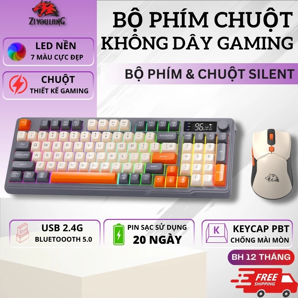 Combo Không Dây Silent Free Wolf T96 - Thiết Kế Full Size, Màn Hình Hiển Thị, Pin Sạc Siêu Trâu