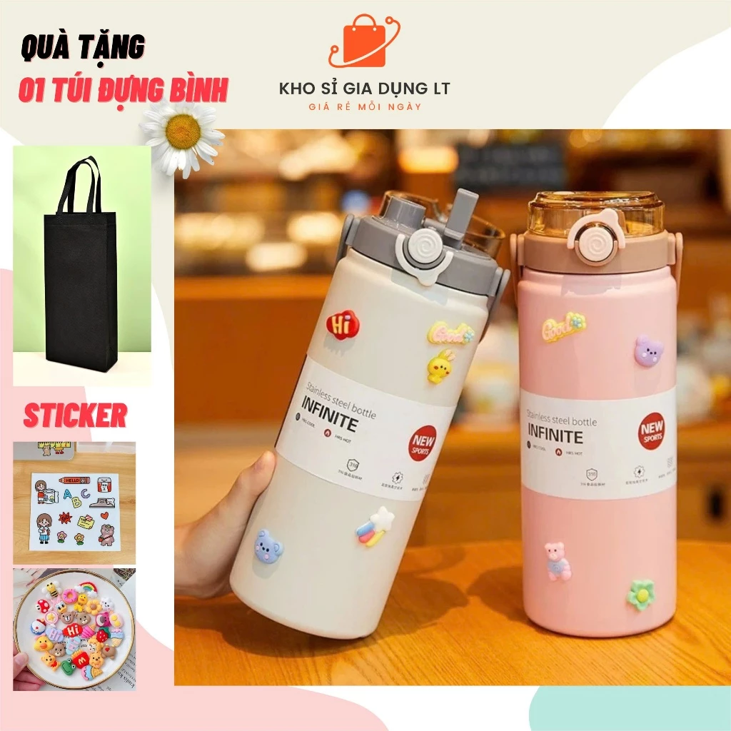 (Tặng túi)Bình giữ nhiệt inox 316 Boss 800ml, 1000ml, 1200ml có quai xách,ống hút tặng kèm 2D, 3D, túi vải đựng bình
