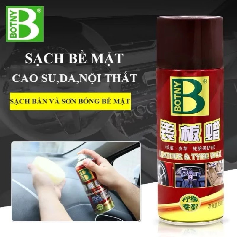 Chai Xịt BOTNY Dưỡng Bóng Nhựa & Bề Mặt Da 450ml – Dùng Cho Nội Thất ô Tô, Nhựa Xe Máy, Lốp Xe – Bóng Mượt, Sạch Đẹp