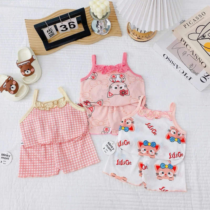 Combo 3 bộ quần áo hai dây thun tăm cho bé gái