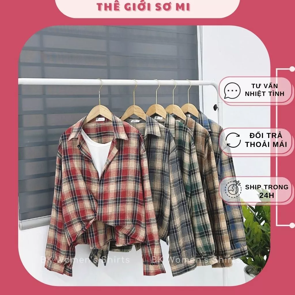 Áo Sơ Mi Nữ Caro Kiểu Soắn Lai Chéo Chất Vải Nỉ Bông Mềm Mịn Có Kèm Áo Balỗ Xinh Freesize