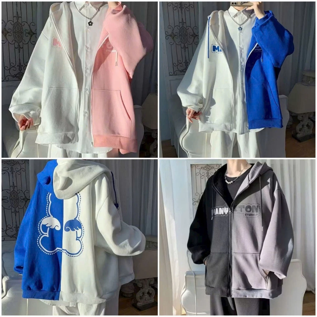 Áo Khoác Hoodie Zip Unisex Thun nỉ Bông phối 2 màu logo in gấu MANYSTON tay dài có sừng nón thỏ Nam Nữ Jacket Chống Nắng
