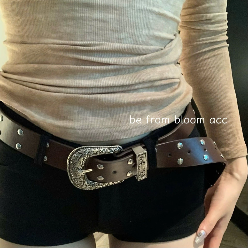 Thắt lưng unisex bản vừa 3.5 mặt vân hoa đính đá nâu cafe / đen