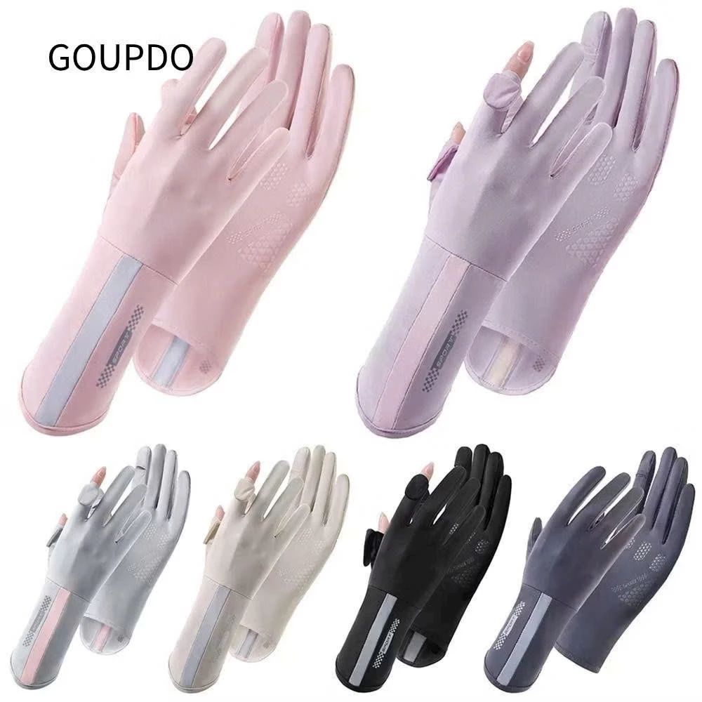 Găng Tay Lụa Băng Phối Kẻ Đi Nắng Hở Ngón Chống Trượt Bao Kín Tay Chống Tia UV Thoáng Khí