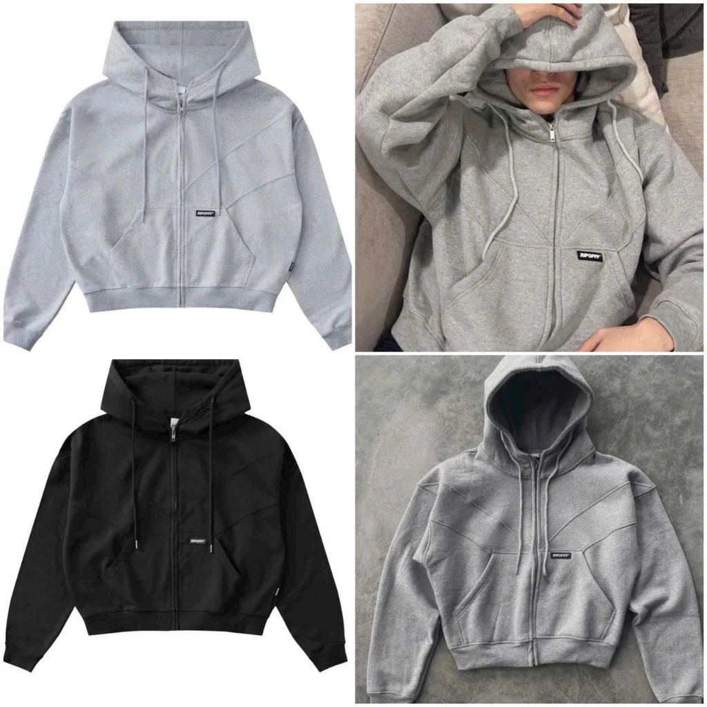 Áo Khoác Hoodie Zip Có Túi Trong Thêu Mạc RIPOFFF Nỉ Bông Form Boxy Lửng Cổ Cao Tay Dài Phồng Unisex Top Jacket Nam Nữ