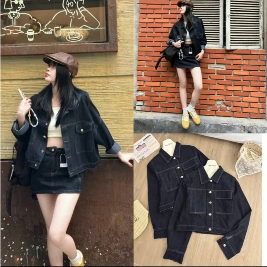 Áo Khoác Jeans Nữ Phối Túi Hộp Viền Chỉ Nồi Màu Xanh Than Dáng Lỡ Form Rộng Phong Cách Cá Tính