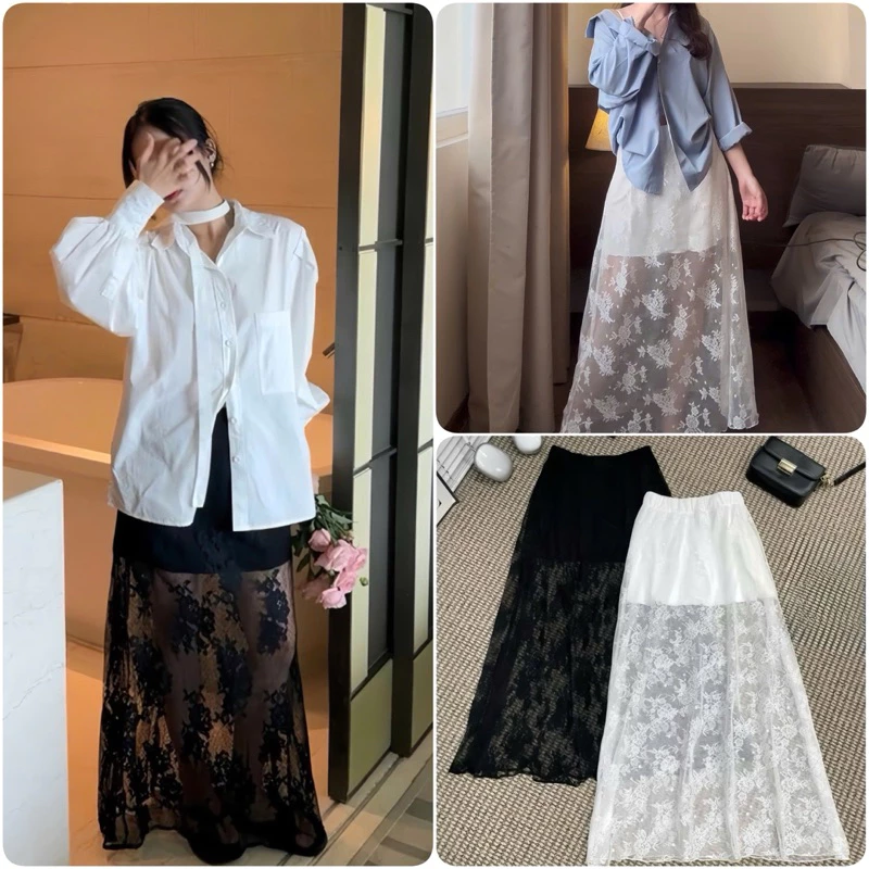 Chân Váy Ren Hot trend Dáng Dài Chữ A Có Size Cạp Chun Nhiều Màu Dài 100cm