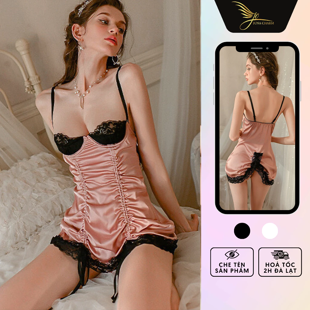 Váy Ngủ 2 Dây, Đầm Ngủ Có Gọng Ngực Rút Dây JUNA Freesize Thời Trang Đồ Ngủ Dành Cho Nữ, Chất Lụa Ren , Màu Hồng/SP06417