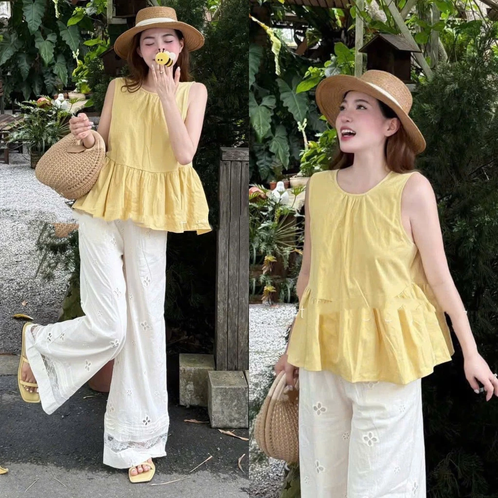 Set Áo Babydoll Thô Vàng Pastel Buộc Nơ Lưng Mix Quần Trắng Suông Phối Ren Gấu Đáng Yêu (Ảnh Thật Trải Sàn) Lollaye