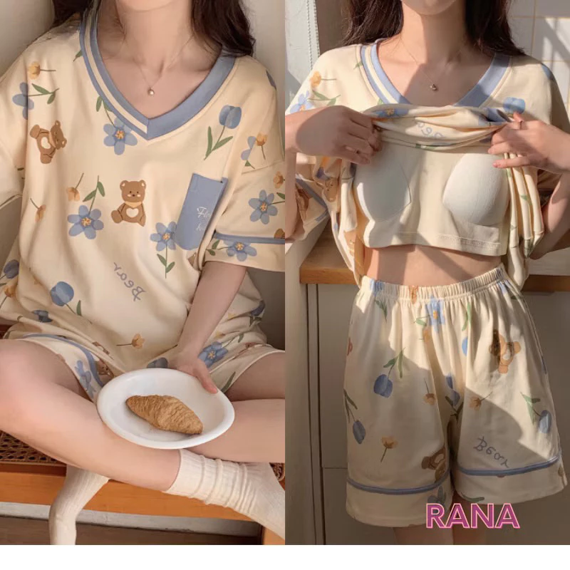 Bộ quần đùi áo tay lỡ RaNa có mút ngực cho nữ mặc ngủ mặc ở nhà mùa hè thoải mái mát mẻ