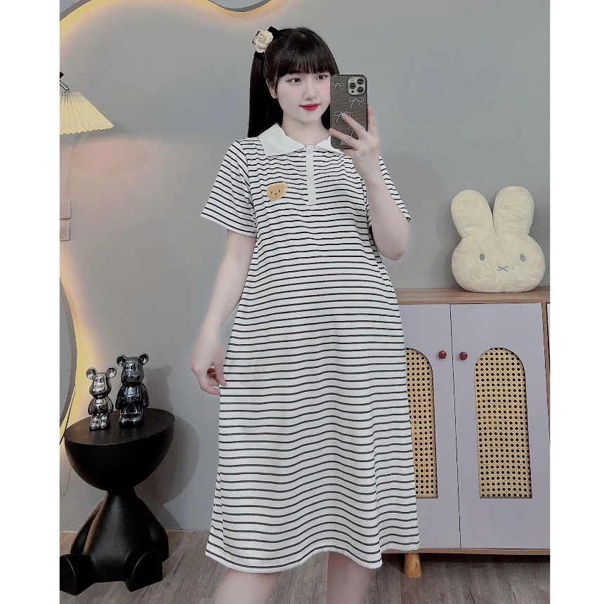 (Có size 120kg)Váy bầu bigsize dáng kẻ phối cổ sơ mi trẻ trung,đủ size từ 45-120kg