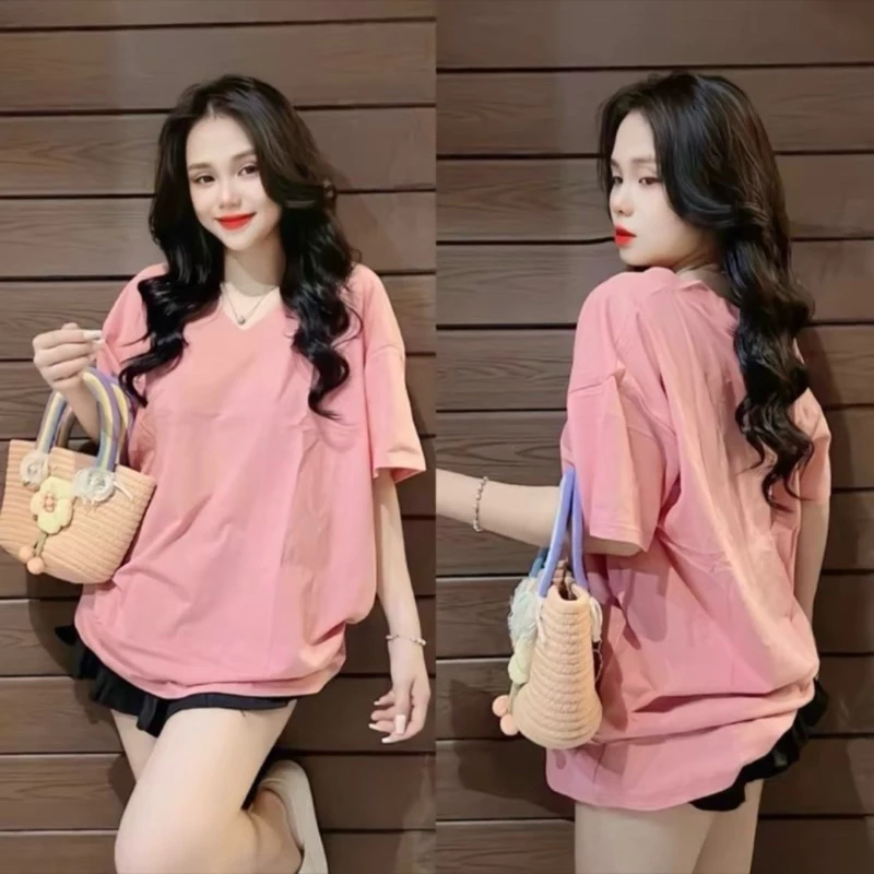 Áo thun cổ tim chất cotton su form rộng tay lỡ free size dưới 70kg Cổ Tim