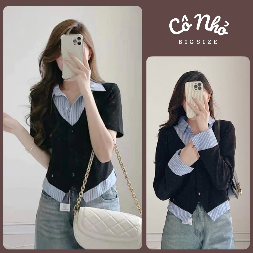 Áo Sơ Mi Bigsize Nữ Kiểu Giả Hai Lớp Tay Dài Vải Xoa Kẻ Sọc Phối Nỉ Tăm Cá Tính