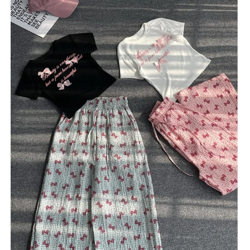 Sét nơ áo croptop tay ngắn kèm quần suông cạp chun phong cách Hàn Quốc M1209