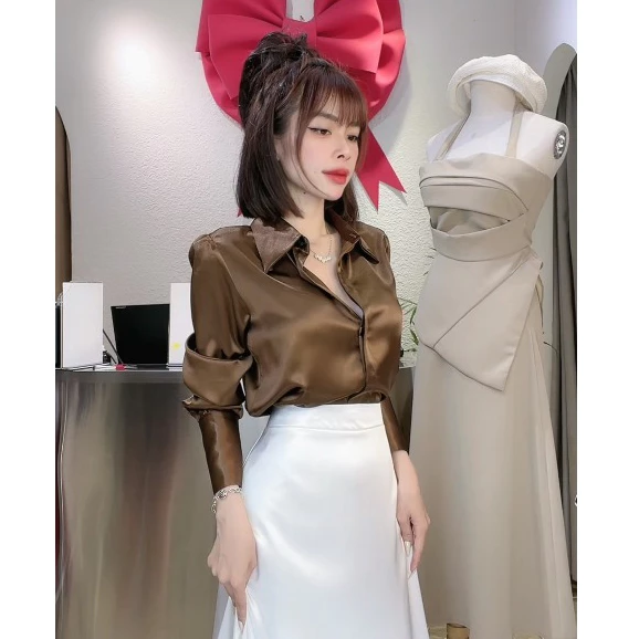 ÁO SƠ MI LỤA HÀN CHÂU , FREESIZE DƯỚI 60KG , tay phối 1 nút , hàng giữa giấu nút tinh tế ( SM-001)