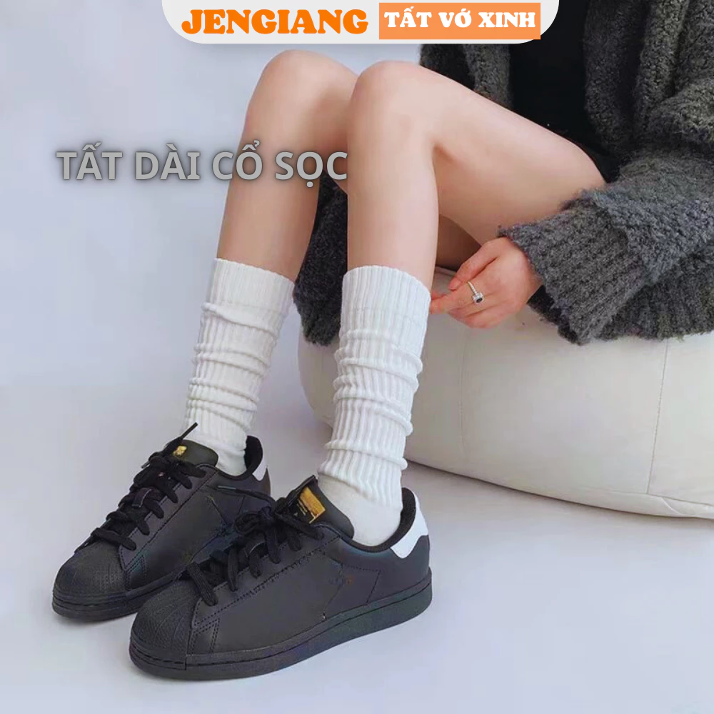 Tất vớ Jengiang cao đến bắp chân chất liệu cotton cổ sọc dọc màu trơn phong cách Hàn Quốc dành cho nữ L83