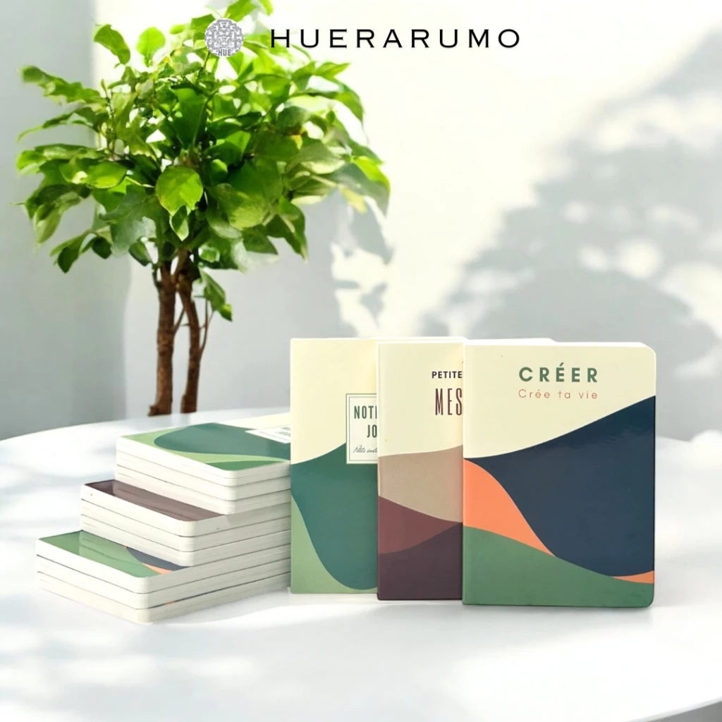 Sổ tay A6 HUERARUMO giấy chống lóa 80gsm - 140 trang ruột trơn, bìa 350gsm, may chỉ chắc, sổ ghi chú cá nhân, sổ mini